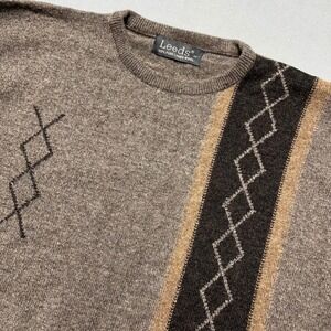 Leeds 100% Pure Lambs Wool Mens Sweater‎ Size 44 Argyle Fair Isle Pattern Brown